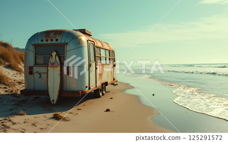 海灘上的卡車和衝浪板 125291572