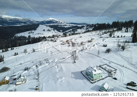Winter landscape with small village houses between snow covered forest in cold mountains 125291733