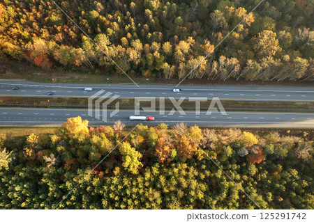 Wide multilane highway road in USA Appalachian mountains with fast driving semi trucks. Above view of American transportation infrastructure Wide multilane highway road in USA Appalachian mountains with fast driving semi trucks. Above view of American transportation infrastructure 125291742