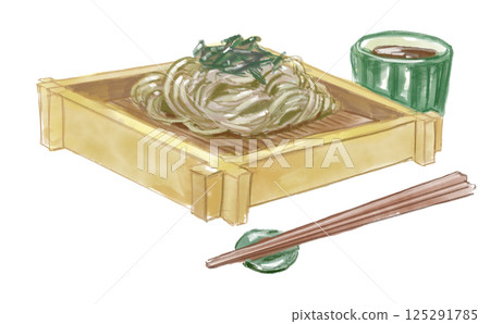 Delicious looking Zaru Soba noodles hand-drawn watercolor illustration 125291785
