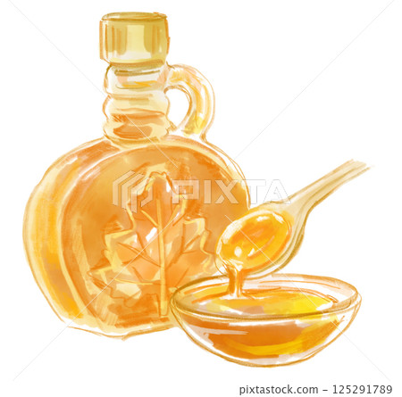 A hand-drawn watercolor illustration of delicious maple syrup in a beautiful clear bottle 125291789