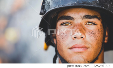 Firefighter facing camera with determined expression, emergency in background 125291908