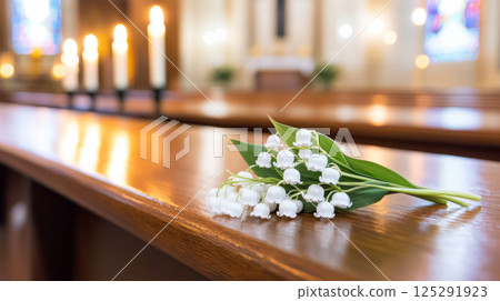 Lily-of-the-valley bouquet on a church altar symbolizing chrismation 125291923
