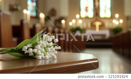Lily-of-the-valley bouquet on a church altar symbolizing chrismation Lily-of-the-valley bouquet on a church altar symbolizing chrismation 125291924