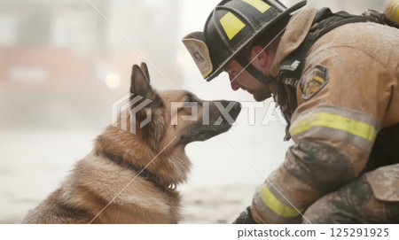 Firefighter and dog in hazy urban setting after an emergency, heroic theme 125291925