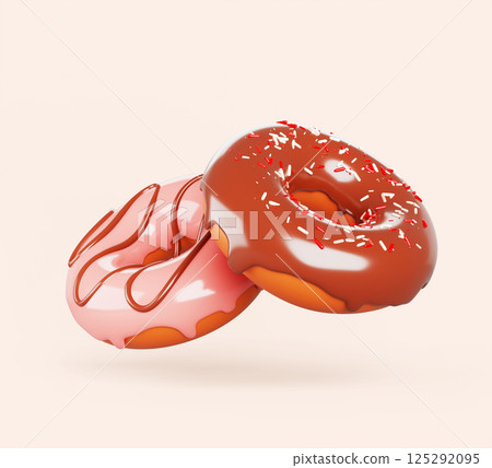 3d donut food render icon set. Flying doughnut with chocolate and pink icing. Birthday sweet cake dessert with melt cream drip, sprinkle and stripe glaze. Isolated bakery circle snack. 3D illustration 3d donut food render icon set. Flying doughnut with chocolate and pink icing. Birthday sweet cake dessert with melt cream drip, sprinkle and stripe glaze. Isolated bakery circle snack. 3D illustration 125292095