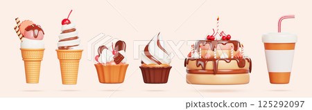 3d sweet dessert set - birthday chocolate cake with candle, cupcake with cream and cherry, ice cream, drink in cup with straw. Cafe confectionery menu, isolated realistic render icons. 3D illustration 3d sweet dessert set - birthday chocolate cake with candle, cupcake with cream and cherry, ice cream, drink in cup with straw. Cafe confectionery menu, isolated realistic render icons. 3D illustration 125292097