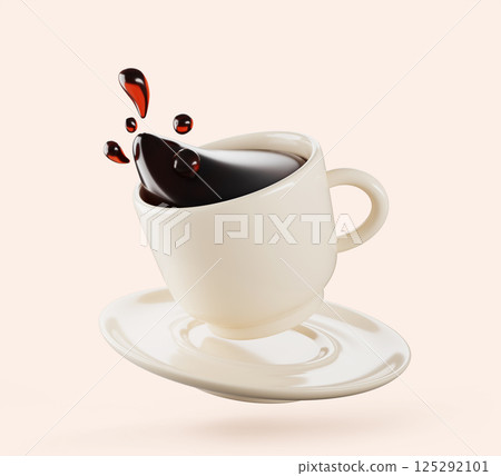 3d white ceramic cup with saucer and splash of coffee or tea. Realistic mug with dish and liquid wave of falling and flowing brown drink with drops and bubbles, isolated render icon. 3D illustration 3d white ceramic cup with saucer and splash of coffee or tea. Realistic mug with dish and liquid wave of falling and flowing brown drink with drops and bubbles, isolated render icon. 3D illustration 125292101
