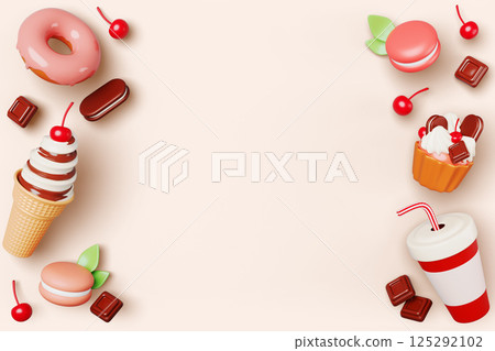 3d sweet dessert food frame on pastel background. Render realistic border of cupcake with cream, chocolate and cherry, ice cream, donut, macaron, drink for bakery shop or cafe menu. 3D illustration 125292102