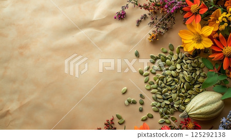 Pumpkin seed clusters on parchment with autumn flowers 125292138
