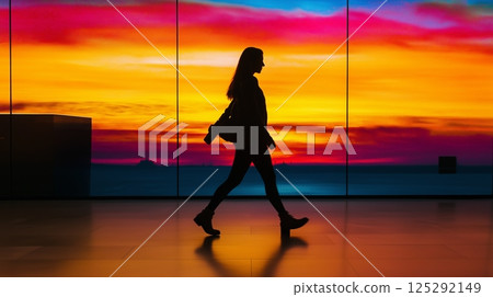 Silhouette of woman walking in front of vibrant sunset 125292149