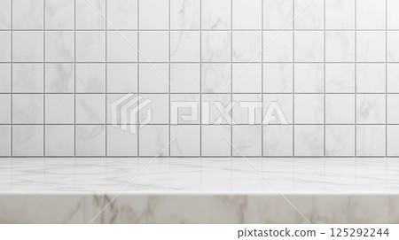 Blurry tiled wall bathroom background with empty white marble tabletop 125292244