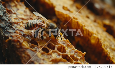 Honey bee sits on honeycomb. Close up view of busy bee on beehive. Honey bee sits on honeycomb. Close up view of busy bee on beehive. 125292317