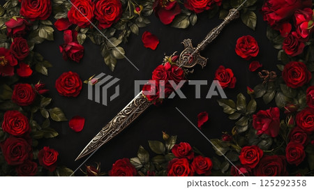 Ornate dagger surrounded by red roses on black backdrop. 125292358
