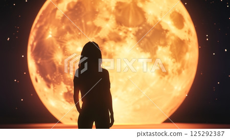 Standing before a huge, shining, orange moon is a woman 125292387