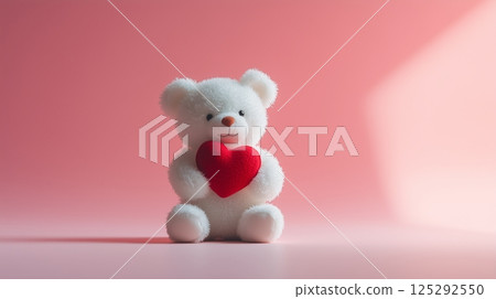 White Teddy Bear Holding Red Heart on Pink Background 125292550