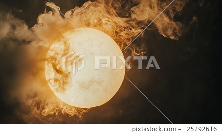A sun with smoke billowing from its side in a close-up photo 125292616