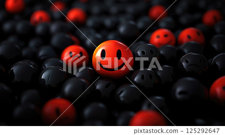 Cute smiling orange smiley face among gloomy black emojis 125292647
