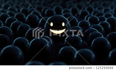 A cheerful smiling glowing smiley face among gloomy black emoticons 125292648