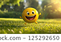Funny laughing yellow smiley jumping on the lawn on a warm sunny summer day. The Emoticon is enjoying the beautiful weather 125292650