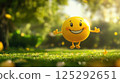 Funny happy laughing smiley jumps with outstretched arms on the lawn on a warm sunny summer day. The smile is enjoying the beautiful weather and life 125292651