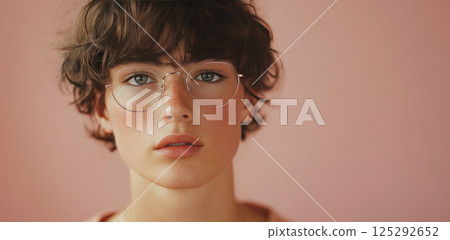 Portrait of a guy with glasses on a studio background. Vision correction with modern technologies. 125292652