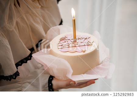 Birthday Cake Celebration with Candle and Decorative Topper Birthday Cake Celebration with Candle and Decorative Topper 125292983