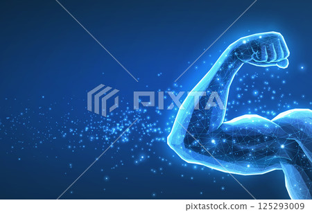 Muscle strength arm. Strong body, protein shake, 3d bicep, power lift. 125293009