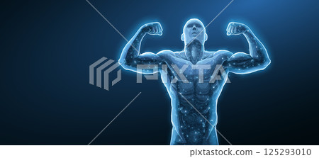 Strong bodybuilder man. Gym workout, muscular arm, healthy body. 125293010