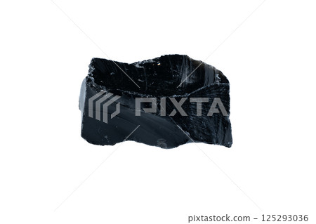 Natural Obsidian Stone Close-Up Isolated on White Background with Black Glossy Texture Natural Obsidian Stone Close-Up Isolated on White Background with Black Glossy Texture 125293036