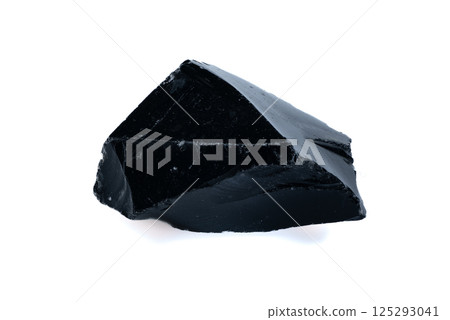 Natural Black Obsidian Stone Specimen Isolated on White Background Natural Black Obsidian Stone Specimen Isolated on White Background 125293041