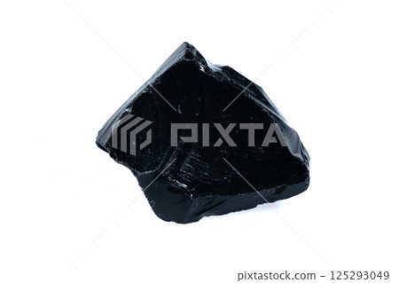 Glossy Black Natural Obsidian Rock Isolated on Pure White Background 125293049