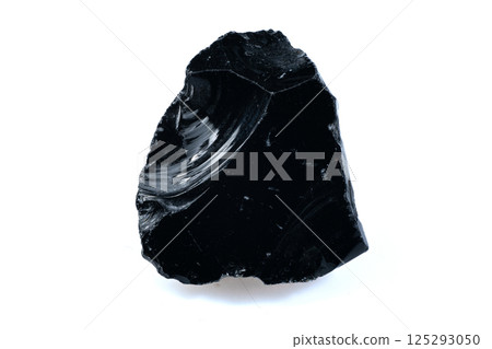 Shiny Natural Obsidian Rock Isolated on White Background Showing Smooth Reflective Surface and Conchoidal Fracture Patterns 125293050