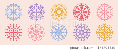Flower mandala. Holistic round ornament. Yoga logo. Infinity florist packaging. Color silhouette circle print. Floral motif. Jewellery or tea woman boutique. Vector graphic icons set Flower mandala. Holistic round ornament. Yoga logo. Infinity florist packaging. Color silhouette circle print. Floral motif. Jewellery or tea woman boutique. Vector graphic icons set 125293130