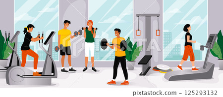 Gym exercises. Sport workout. Man or woman on weight training. Active health persons. Sportsman running on treadmill. Bodybuilder lifting dumbbell. Athletic instructor. Vector illustration 125293132