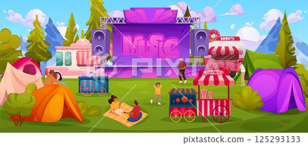 Family festival. BBQ picnic camp with tent and concert stage. Summer tree in park fair. Couple recreation on blanket. People on outdoor party. Donut and popcorn stalls. Vector backdrop 125293133