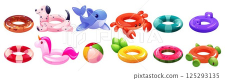 Pool ring. Swim floater, buoy for sea, float beach wheel or inflatable summer donut. Children rubber duck, glossy flamingo and crab. Ball and pineapple. Vector cartoon isolated illustration Pool ring. Swim floater, buoy for sea, float beach wheel or inflatable summer donut. Children rubber duck, glossy flamingo and crab. Ball and pineapple. Vector cartoon isolated illustration 125293135