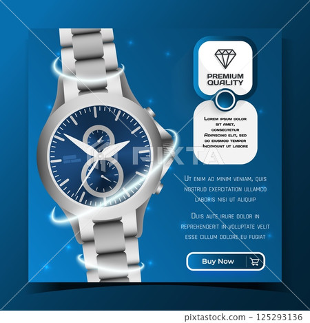 Wristwatch advertising. Silver wrist watch premium quality. Luxury jewel metal accessory, fashion silver bracelet. Product promotional banner. Copy space for text. Vector illustration 125293136
