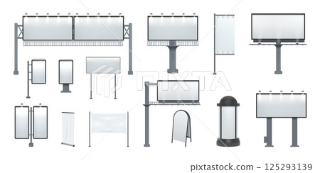 Outdoor billboards. Led sign mockup. 3D road signboard for outside ad. Blank street boards. Urban lightboxes. Commercial announcement signpost. Vector realistic roadside banners set 125293139