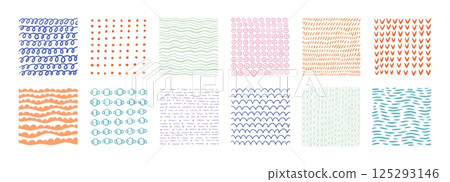 Pattern background. Hand drawn organic texture, wave and scribble sketch by crayon, pastel brush. Doodle childish style set. Decor textile, wrapping, wallpaper. Vector design Pattern background. Hand drawn organic texture, wave and scribble sketch by crayon, pastel brush. Doodle childish style set. Decor textile, wrapping, wallpaper. Vector design 125293146