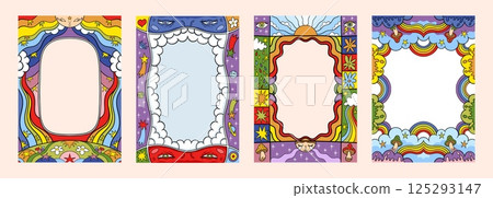 Scallop frame. Wavy kid pattern or cute picture box. Y2k border wave edges. Fun and funky decorative doodles. Sky rainbow and clouds. Flower meadow. Vector psychedelic design banners set Scallop frame. Wavy kid pattern or cute picture box. Y2k border wave edges. Fun and funky decorative doodles. Sky rainbow and clouds. Flower meadow. Vector psychedelic design banners set 125293147