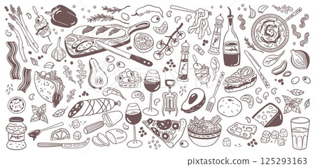 Food print. Kitchen tomato dinner, italian cheese supermarket texture. Vintage menu ingredients, grocery sketch. Pizza, bread and vegetables. Doodle background. Vector isolated illustration Food print. Kitchen tomato dinner, italian cheese supermarket texture. Vintage menu ingredients, grocery sketch. Pizza, bread and vegetables. Doodle background. Vector isolated illustration 125293163
