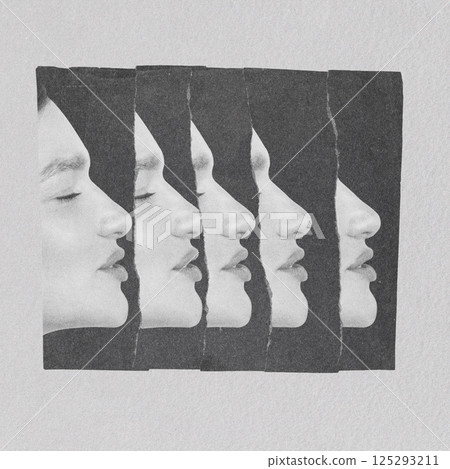 Multiply model face on torn paper strips 125293211