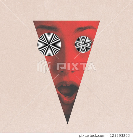 Abstract woman portrait made of red triangle and white hypnotic spiral circles 125293263