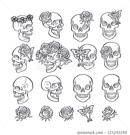 Hand drawn black silhouette floral human skulls with rose wreath bundle isolated on white background 125293269