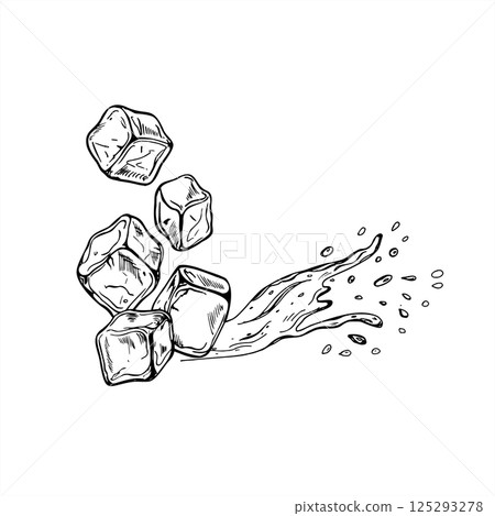 Dynamic vector illustration of ice cubes falling downward with explosive water splashes bursting from below. Frozen water cubes line art black ink sketch for labels, posters, or beverage branding. Dynamic vector illustration of ice cubes falling downward with explosive water splashes bursting from below. Frozen water cubes line art black ink sketch for labels, posters, or beverage branding. 125293278