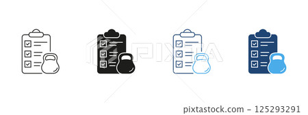 Weight Loss Training Fitness Plan Line and Silhouette Icon Set. Checklist and Kettlebell Outline and Solid Icon, Gym and Exercise Routines Concept. Editable Stroke. Isolated Vector Illustration 125293291