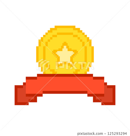 Gold Medal With Red Ribbon Pixelated Icon. Pixel Art Symbol Of Award Medal With Star In Golden Circle And Ribbon Accents. Isolated Vector Illustration Gold Medal With Red Ribbon Pixelated Icon. Pixel Art Symbol Of Award Medal With Star In Golden Circle And Ribbon Accents. Isolated Vector Illustration 125293294