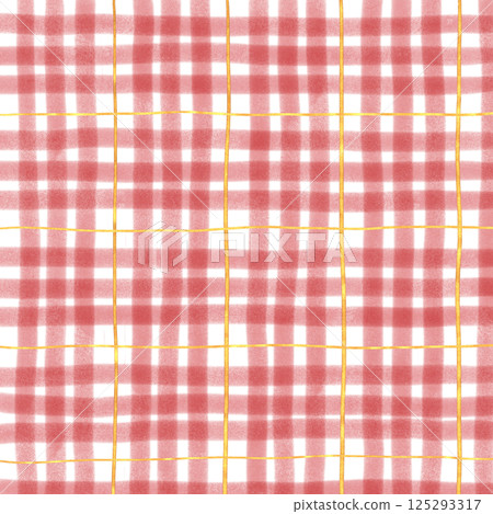 Gold Red Plaid Gingham Check Hand Drawn Background Pattern Overlay 125293317