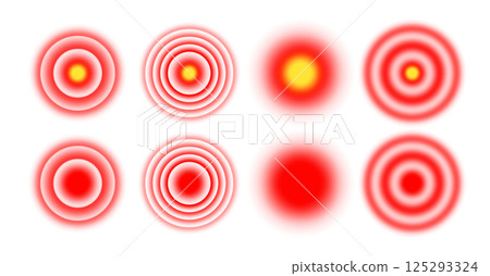Red circle muscle, head and joint pain icon. Radial gradient to illustrate inflammation and sore stomach or teeth. Vector set of isolated elements on white background. 125293324